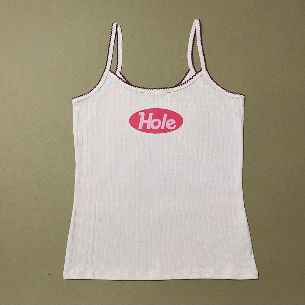 Hole oval Barbie band logo baby pink cami tank top with thin straps